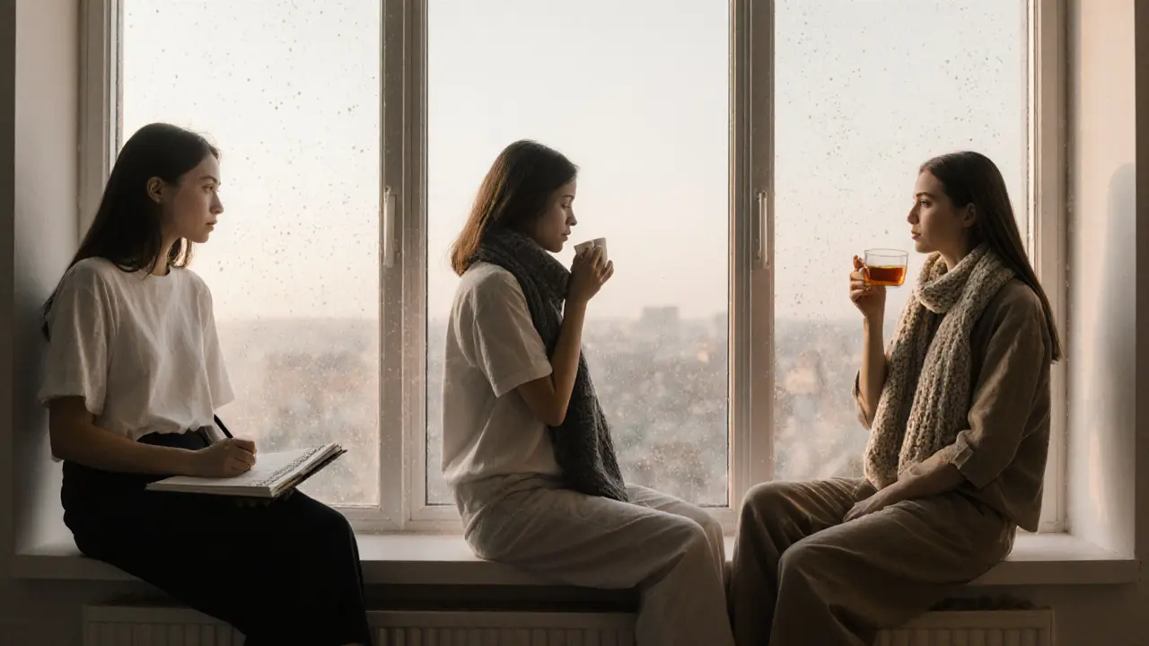 Три женщины небольшого роста сидят у окон в утреннем свете, каждый в своём мире.