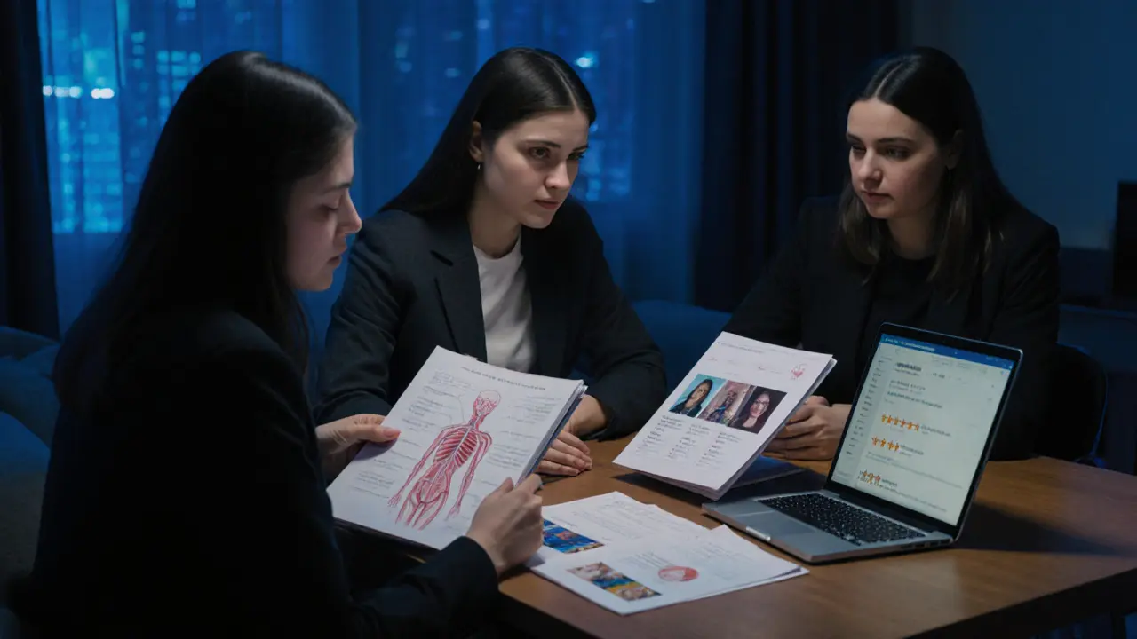 Три женщины обсуждают профессиональные материалы по сексуальному здоровью в современной квартире.