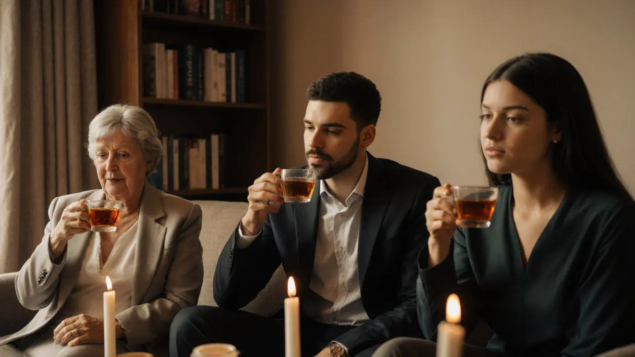 Трое людей молча пьют чай после сессии, их лица спокойны, атмосфера — умиротворенная и безопасная.