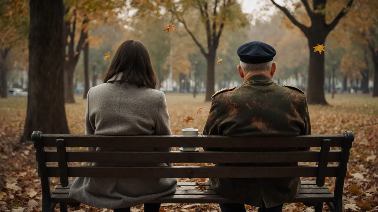 Ветеран и женщина на скамейке в парке, в тишине, среди осенних листьев.