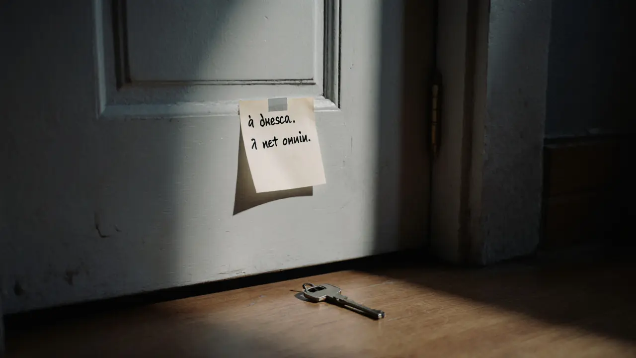 Закрытая дверь с запиской 'Я здесь. Ты не один.' и ключом на полу в прихожей.