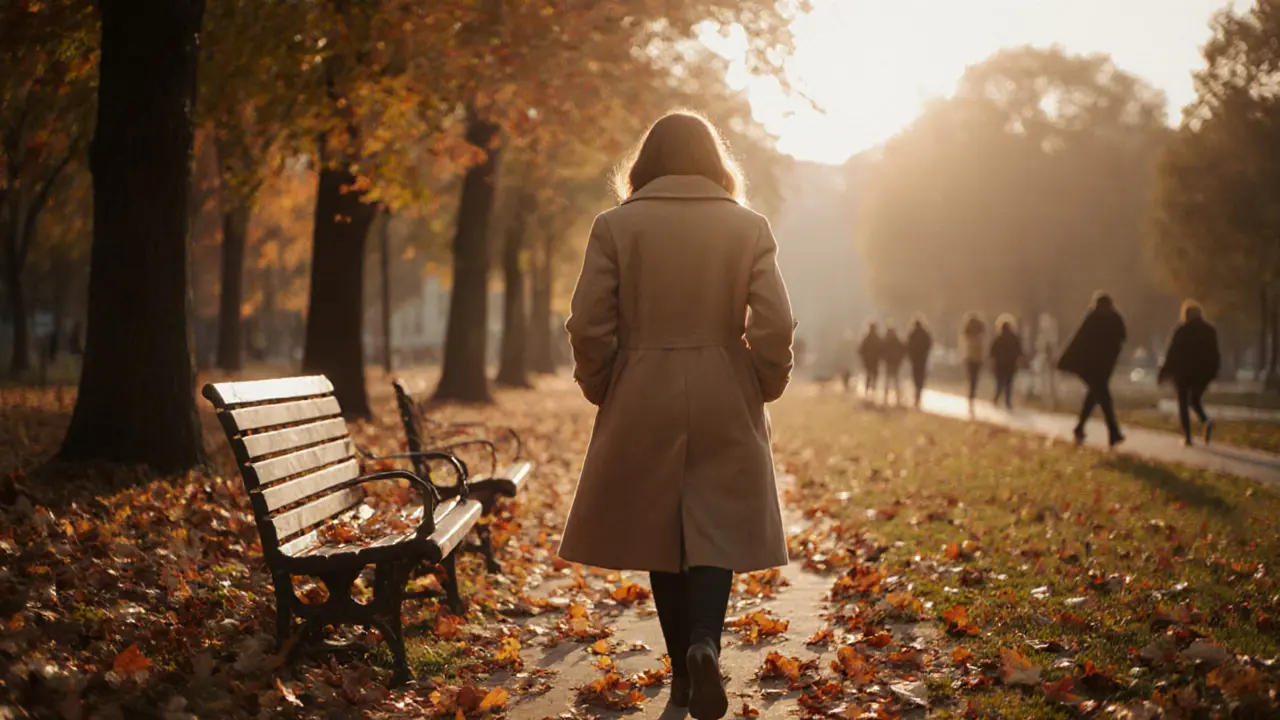 Женщина гуляет по парку осенью, рядом пустой скамейка — намёк на тихую, значимую связь.