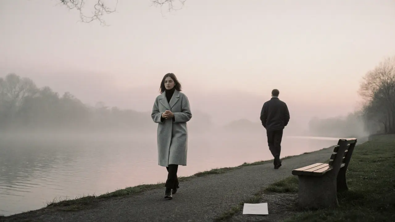 Женщина гуляет у реки на рассвете, мужчина идет позади — тишина и взаимное присутствие.