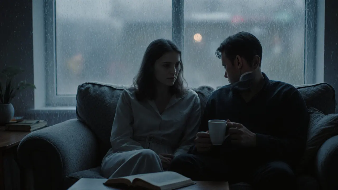 Женщина и мужчина сидят в тишине на диване вечером, рядом чашка чая и дождь за окном.