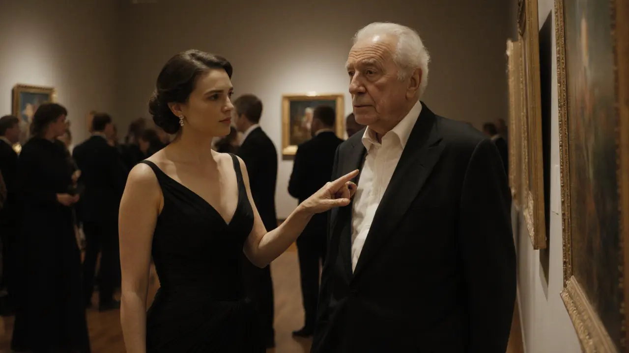 Женщина и пожилой мужчина у картины в галерее, в тишине и уважении.