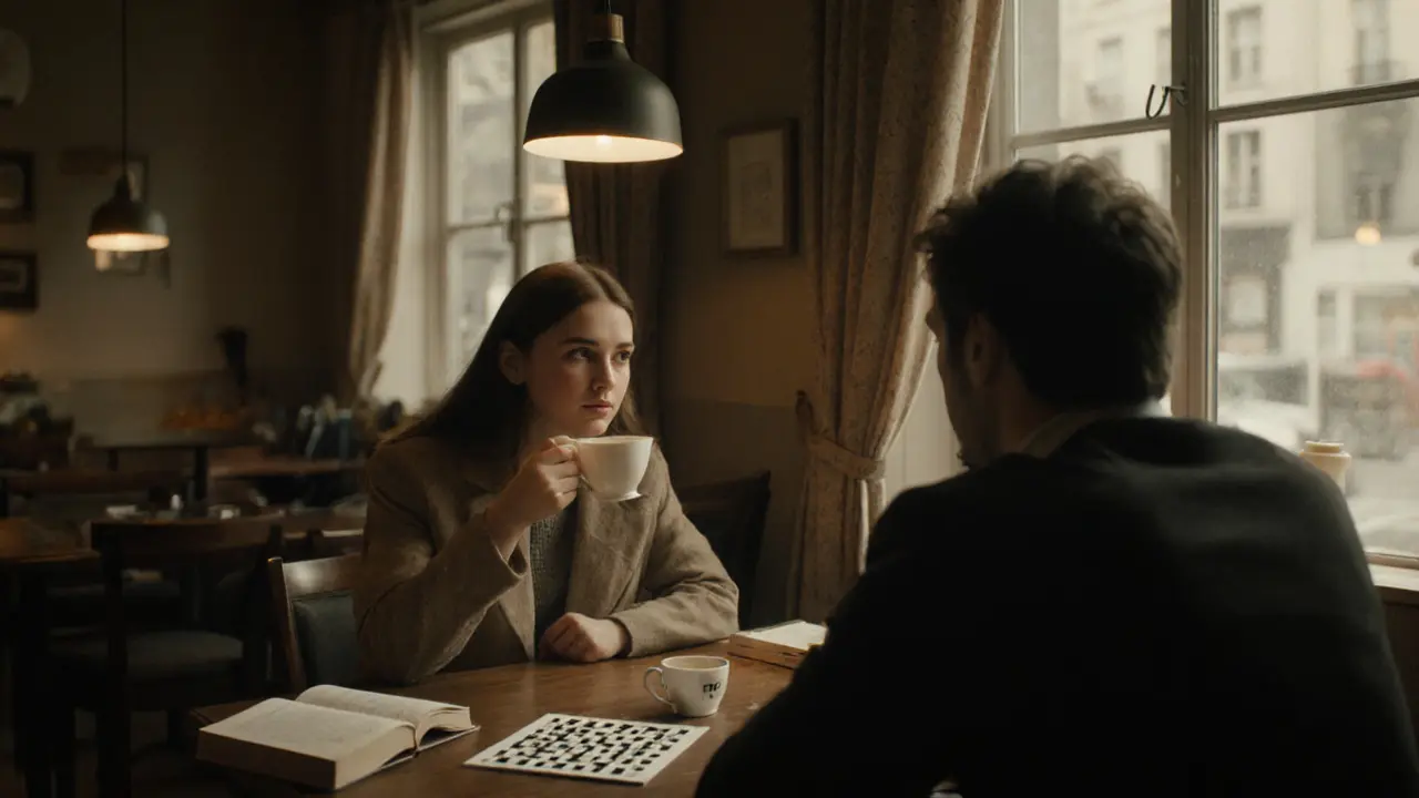 Женщина и сопровождающий в кафе, тихо общаются без слов, пьют чай.