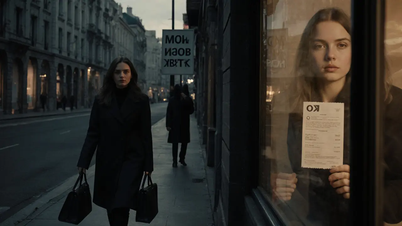 Женщина идет по улице вечером, держит портфель, в отражении окна — чек из приложения 'Мой налог'.