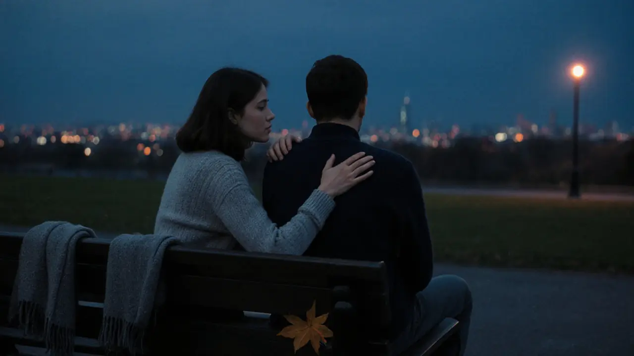 Женщина лежит рукой на спине мужчины на скамейке в парке на закате, за ними — городской пейзаж.