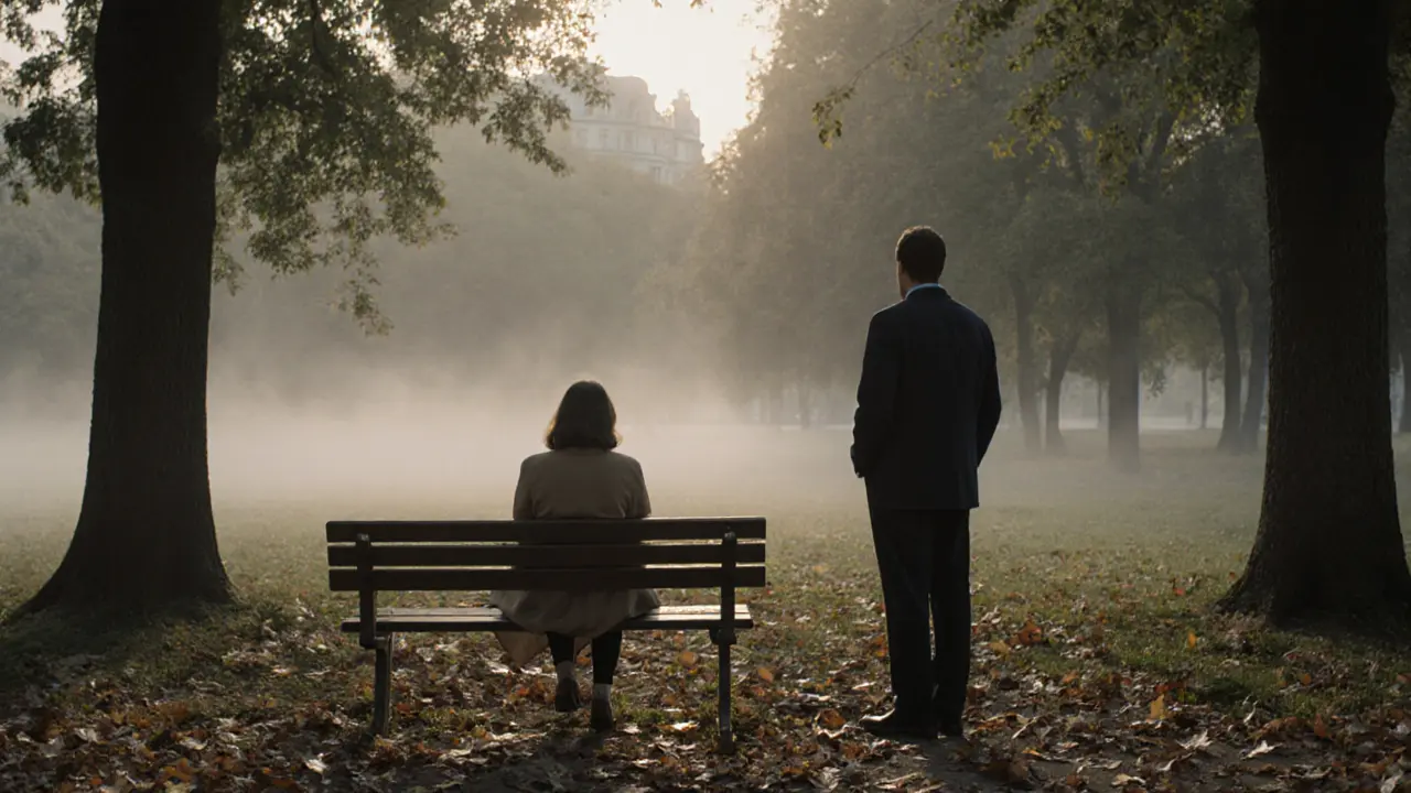 Женщина на скамейке в венском парке на рассвете, рядом стоит сопровождающий, не вмешиваясь.