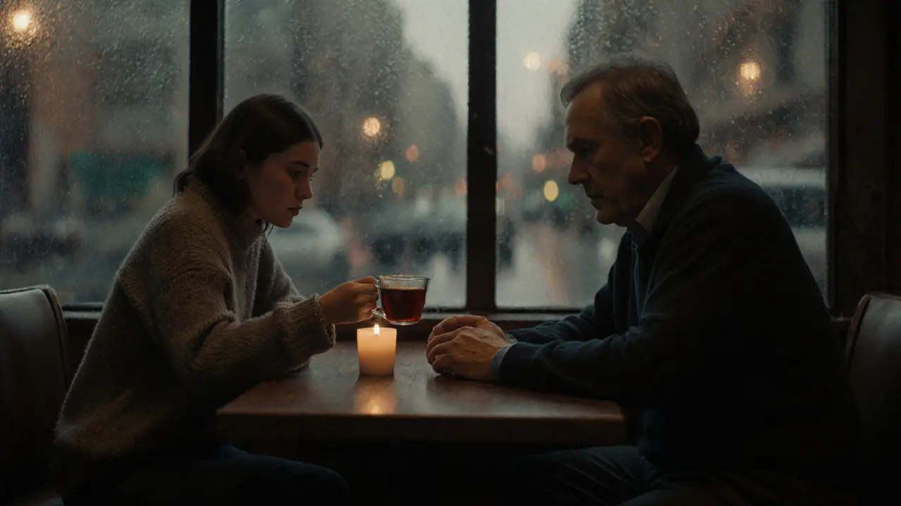 Женщина небольшого роста подаёт чай мужчине в тихом кафе при закате.