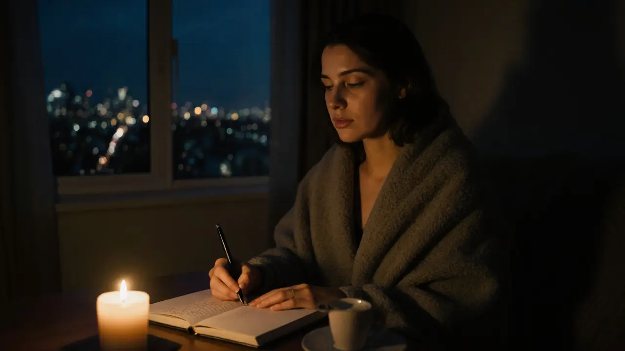 Женщина пишет в дневнике ночью, одна, с зажженной свечой и городскими огнями за окном.