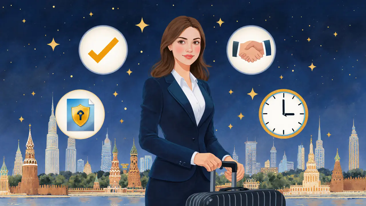 Женщина с чемоданом стоит перед ночным силуэтом Москвы, вокруг — символы безопасности и доверия.