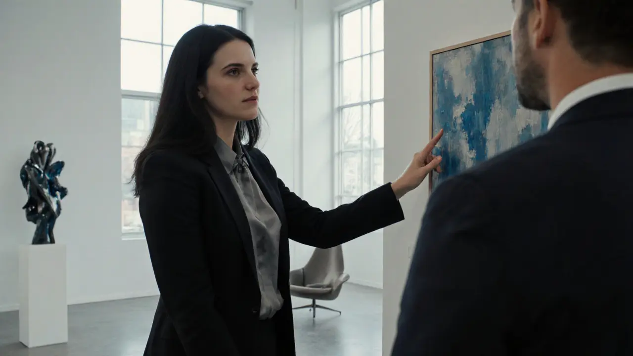 Женщина с тёмными волосами объясняет современное искусство в галерее, клиент внимательно слушает.