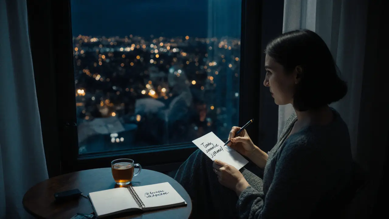 Женщина сидит у окна, держа записку, в комнате — чашка чая и открытый дневник.