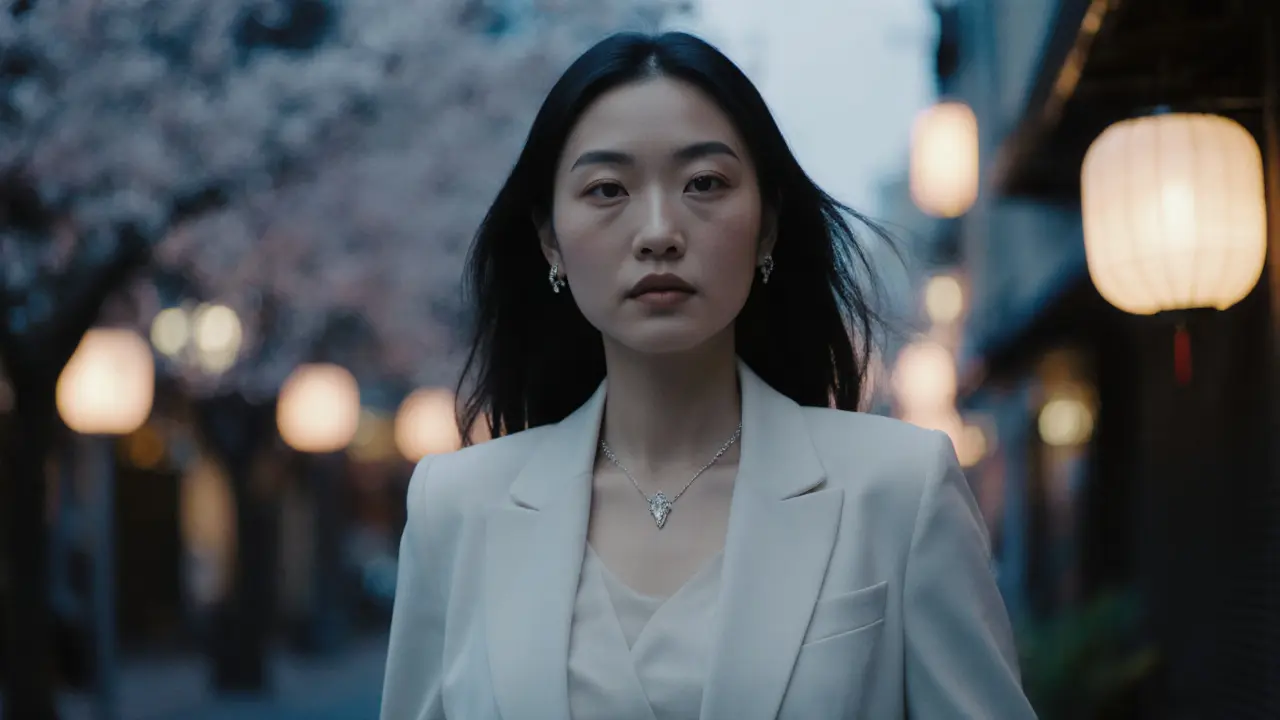 Женщина спокойно идёт по токийской улице при сумерках.