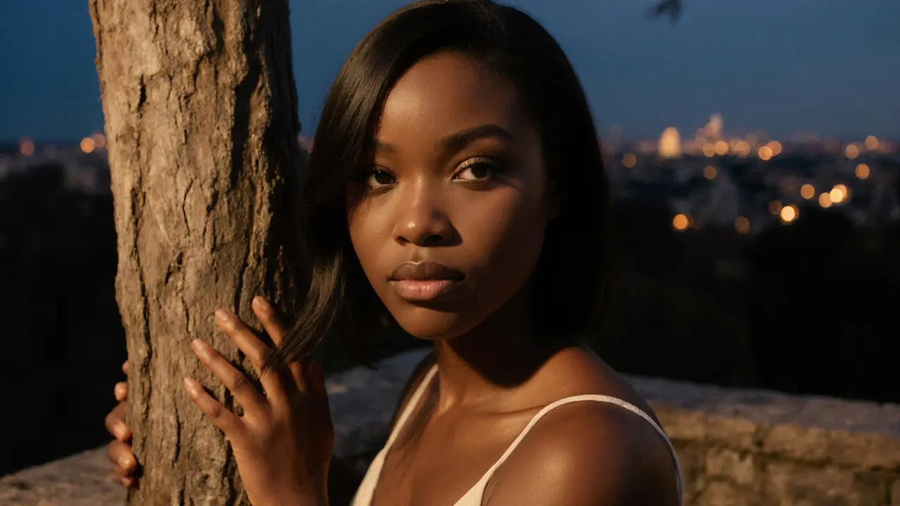 Женщина стоит босиком на террасе на закате, её поза выражает уверенность и связь с природой.