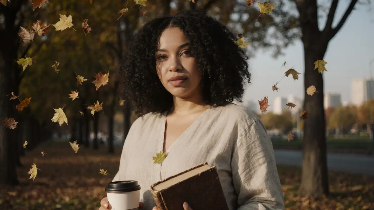 Женщина стоит в парке с книгой в руке, выглядит естественно и уверенно, осенние листья вокруг.