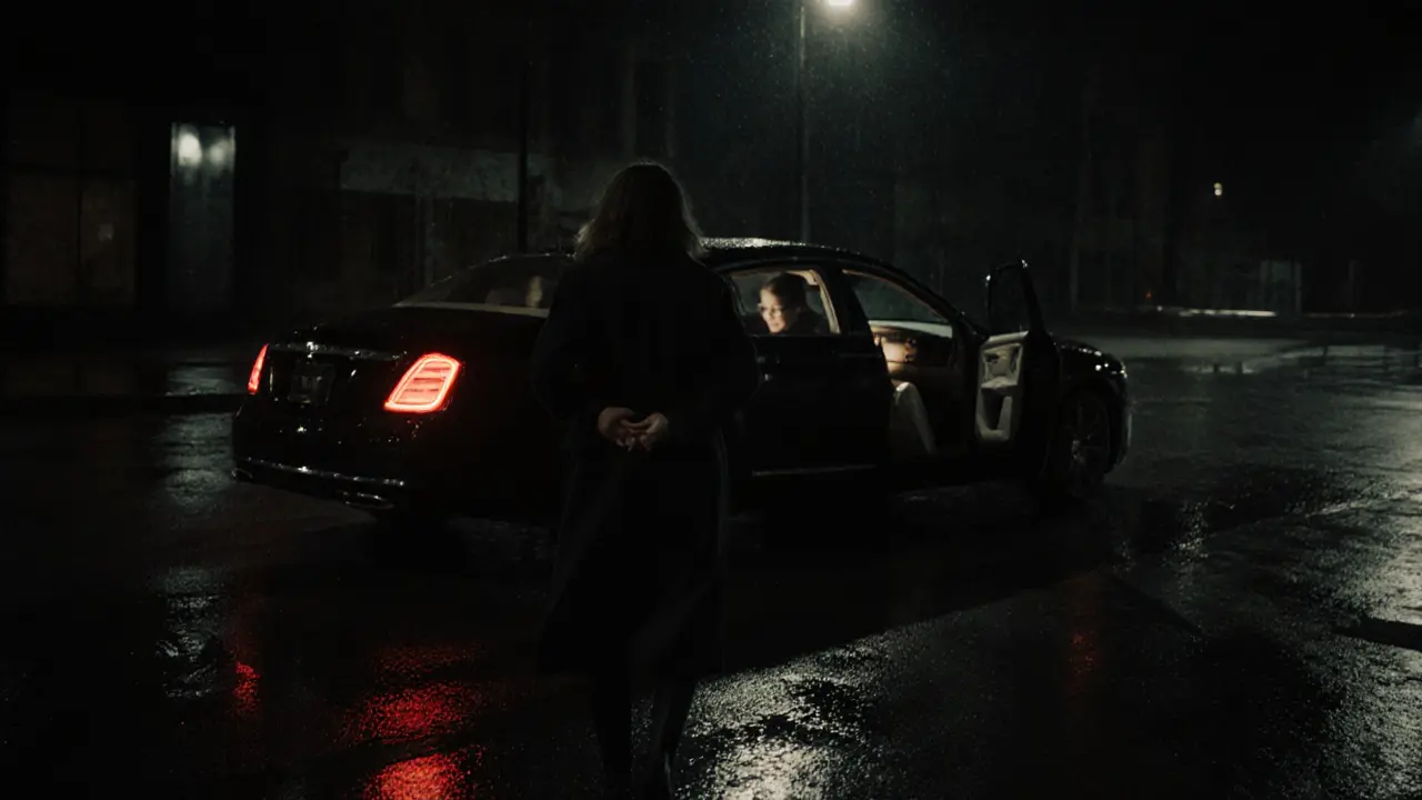 Женщина уходит от машины в ночном городе, символизируя восстановление контроля над собой.