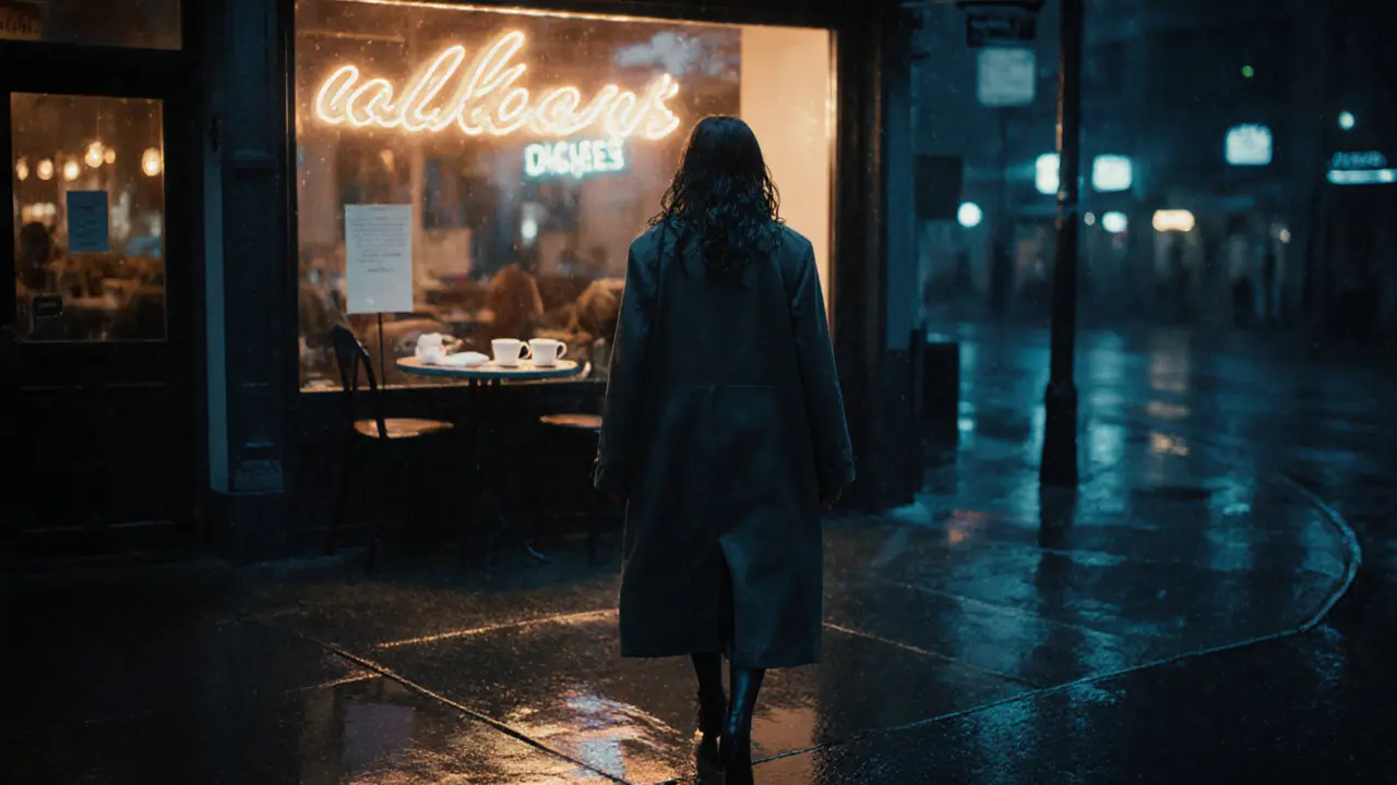 Женщина уходит по мокрой улице ночью, за ней — свет окна с двумя чашками.