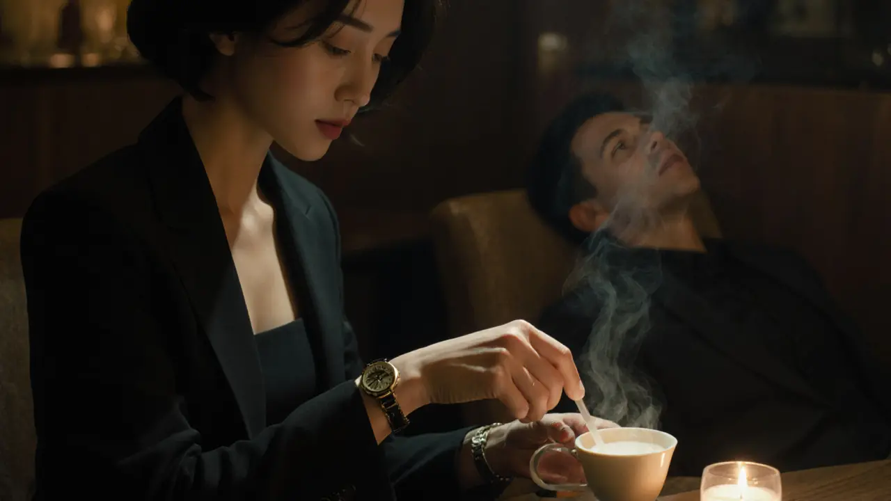 Женщина в черном платье заваривает улун в тихом токийском лаунже, мужчина напротив закрыл глаза, атмосфера тишины.