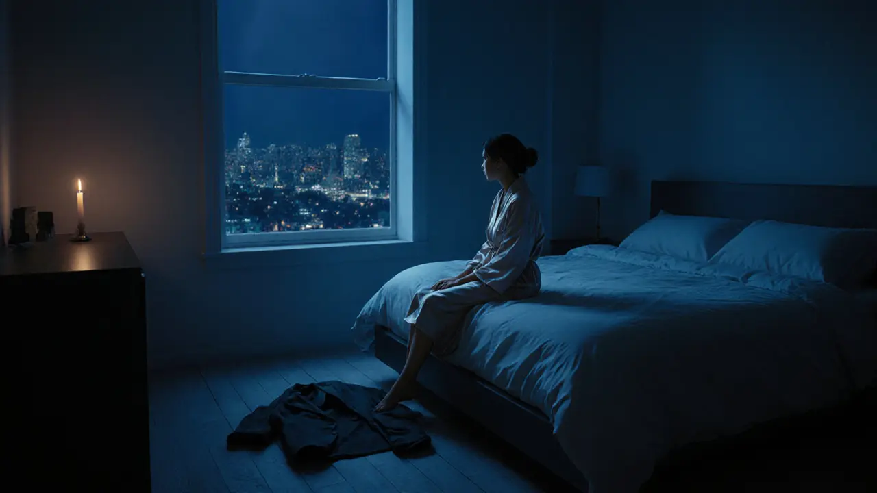 Женщина в шёлковом халате сидит на краю кровати, глядя в окно, рядом лежит пиджак мужчины.