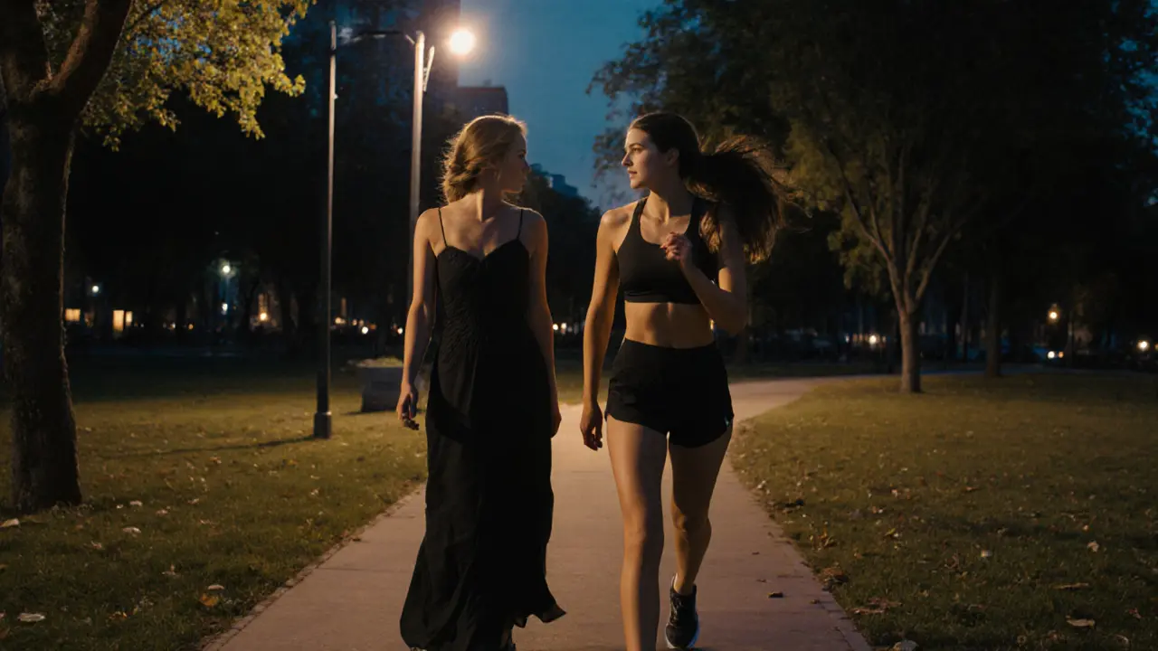 Женщина в вечернем платье и атлетка прогуливаются по парку при закате, спокойная атмосфера и отсутствие отвлекающих факторов.
