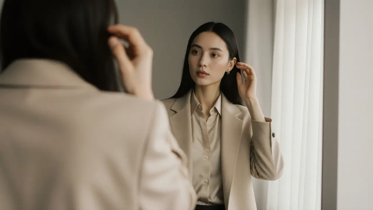 Женщина выбирает одежду для встречи — простой, элегантный образ без украшений.
