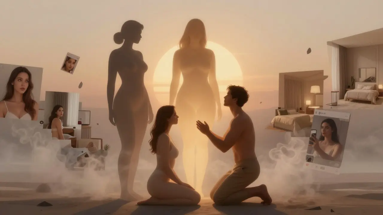 Абстрактная иллюстрация: женщина с полными формами излучает тёплый свет, поглощая идеализированные образы