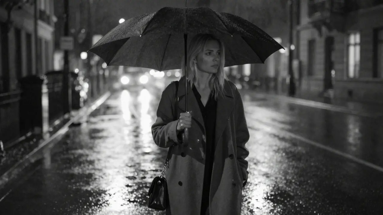 Блондинка идет по мокрой улице ночью, зонт в руке, лицо обращено прочь.