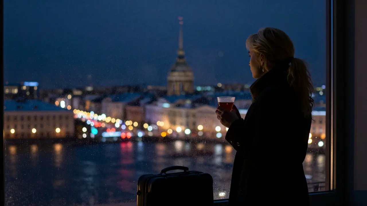 Блондинка смотрит в окно на ночную городскую панораму, держа чашку чая.