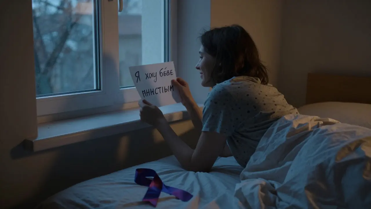 Человек держит записку с текстом о принятии себя, сидя в тихой комнате при закате.