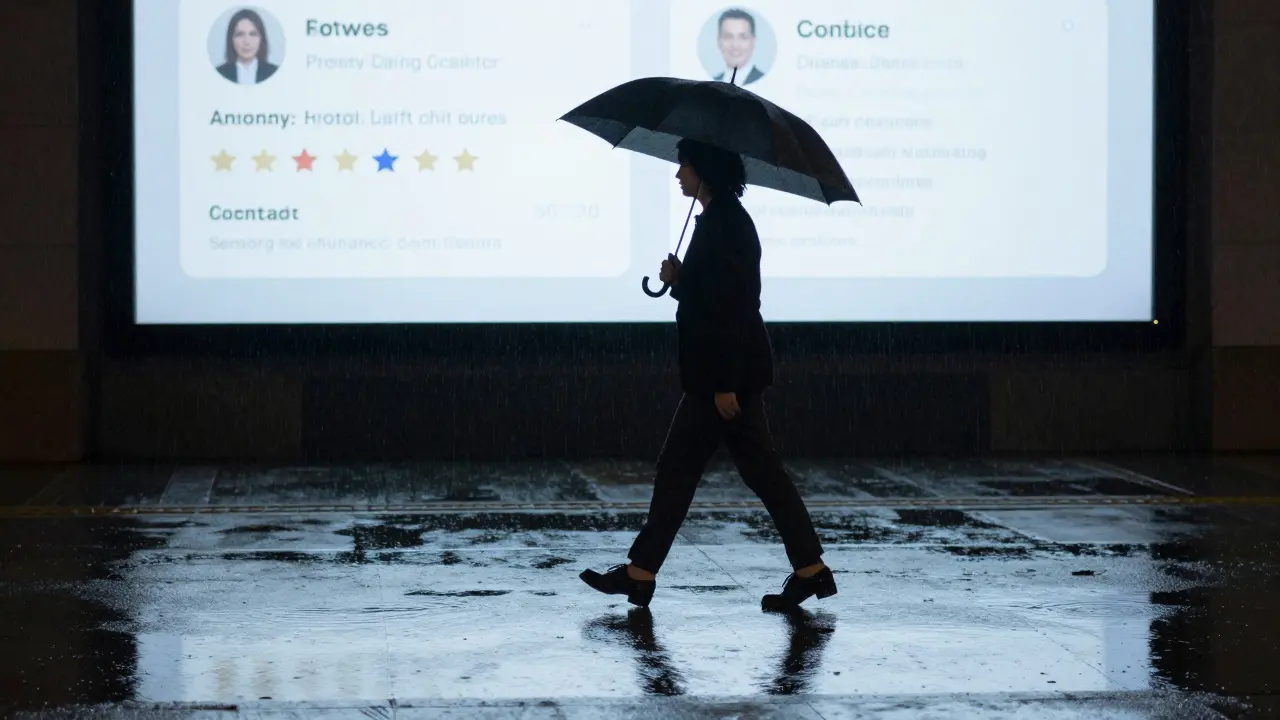 Человек идет по мокрой улице ночью, отражение в луже показывает экран с отзывами клиентов.