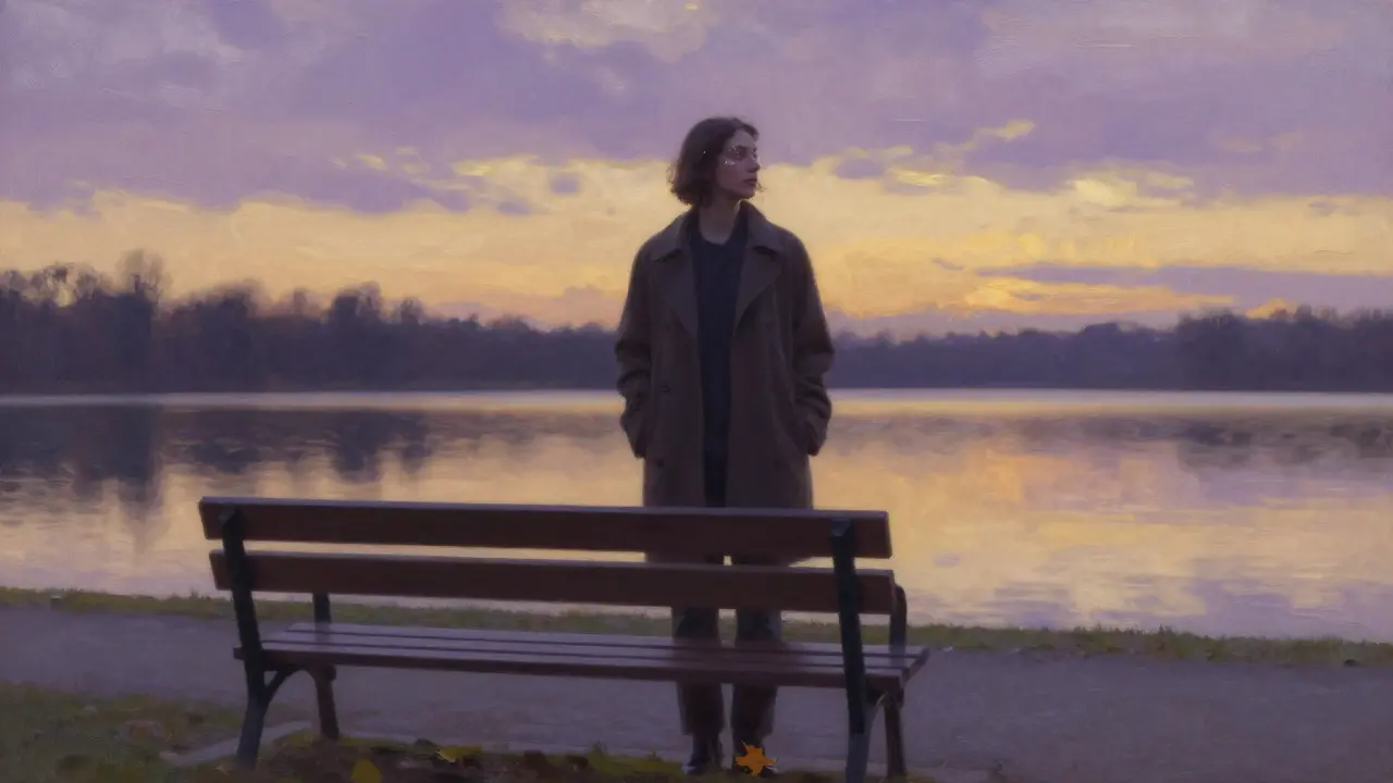 Человек стоит у озера на закате, один, с листом на обуви — момент внутреннего спокойствия.