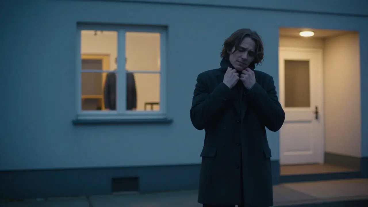 Человек уходит от здания на закате, выражение лица — облегчение после сессии.