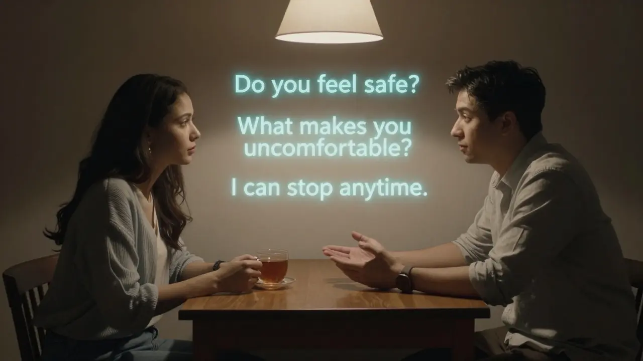 Два человека за столом, между ними светящиеся слова о согласии и коммуникации.