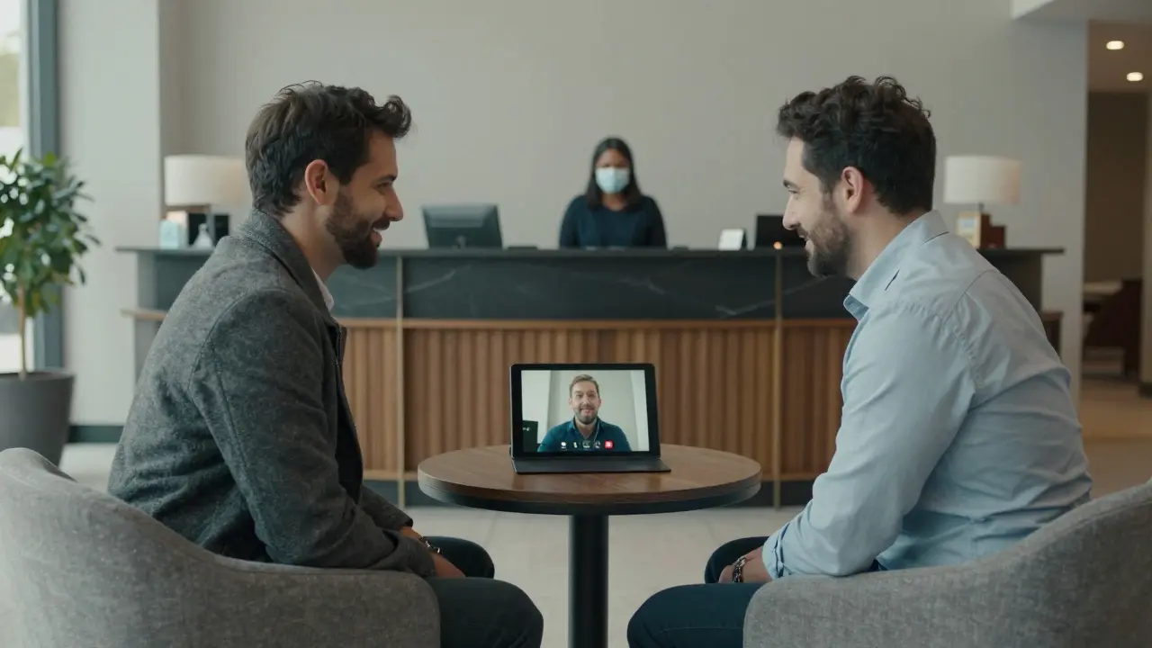 Два мужчины вести спокойный разговор через видеозвонок в отеле, подчеркивая безопасность и уважение.