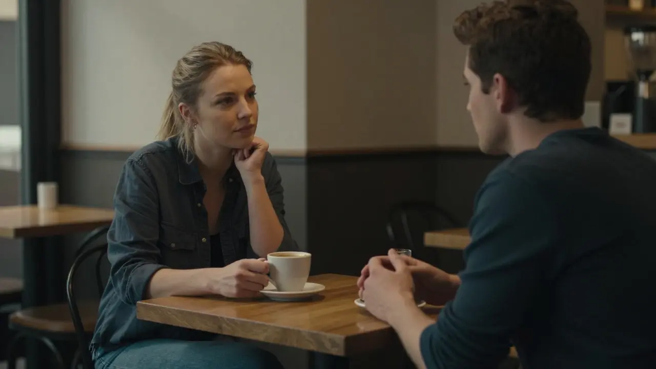 Две фигуры за столом в кафе — одна слушает, не говоря ни слова.