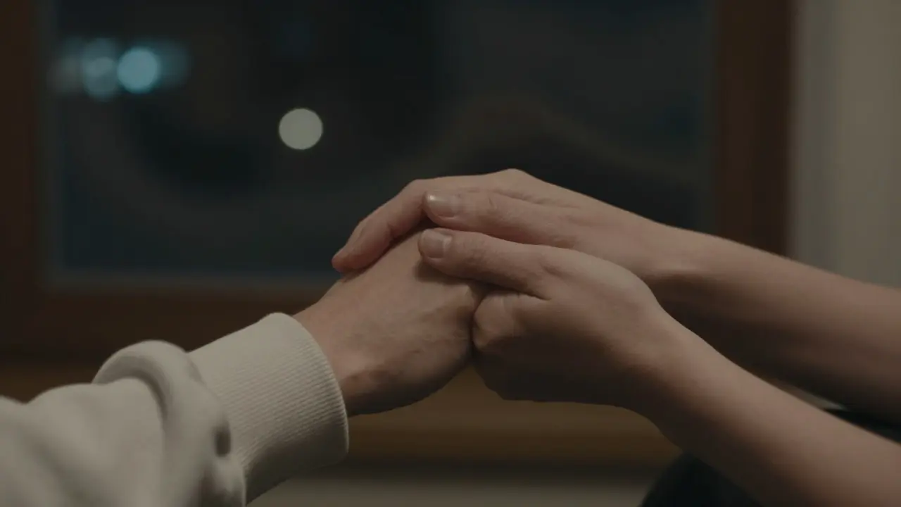 Две руки держат друг друга в тёплом свете — без сексуального контекста, только человеческая близость.
