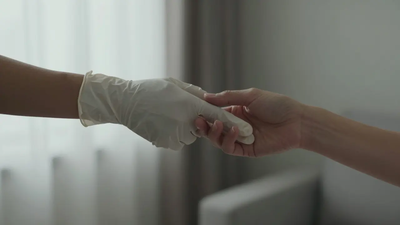 Две руки обмениваются перчаткой — символ профессиональной безопасности.