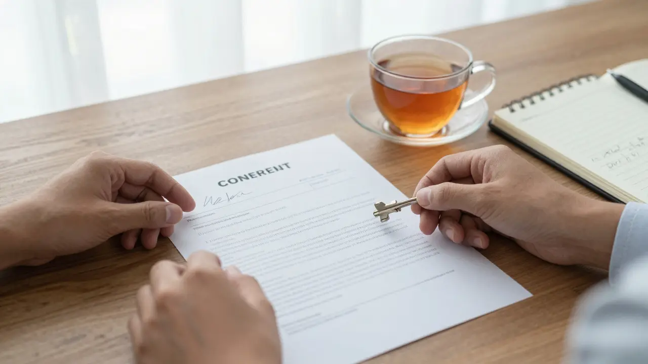 Две руки: одна держит подписанный документ, другая кладёт ключ на стол рядом с чашкой чая.