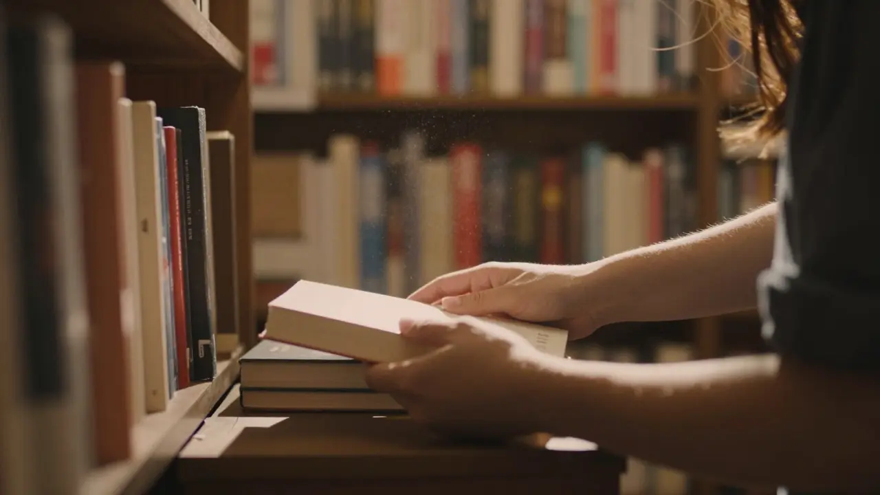 Две руки почти касаются в книжном магазине, свет падает на пылинки в воздухе.