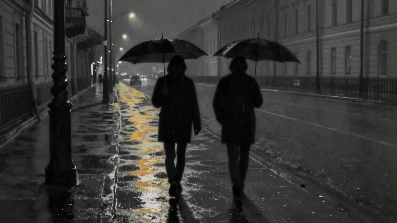 Две тени идут по мокрой улице в дождь, их шаги совпадают, ни слов, ни лиц — только движение.