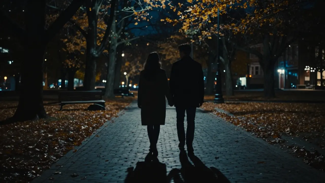 Двое гуляют по парку при лунном свете, их тени тянутся по дорожке, между ними — тихая близость.