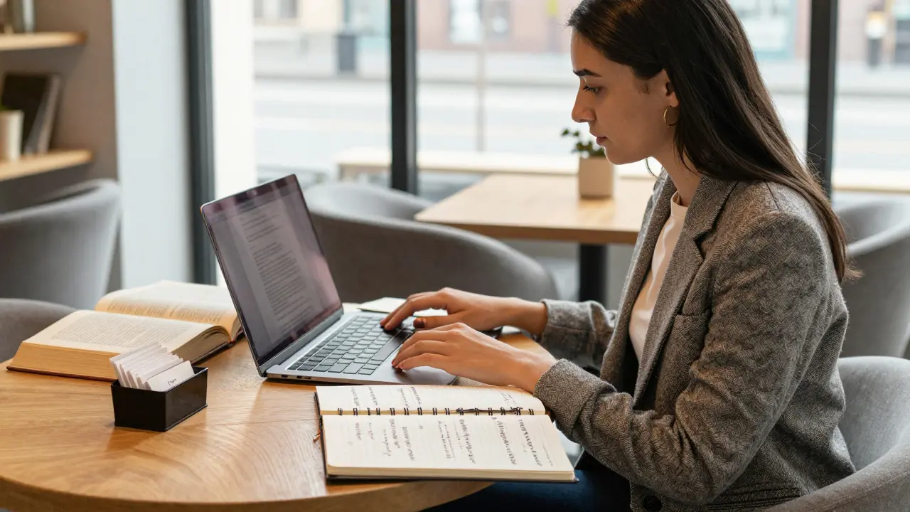 Латиноамериканская профессионалка работает в московском кафе с книгами и заметками на нескольких языках.