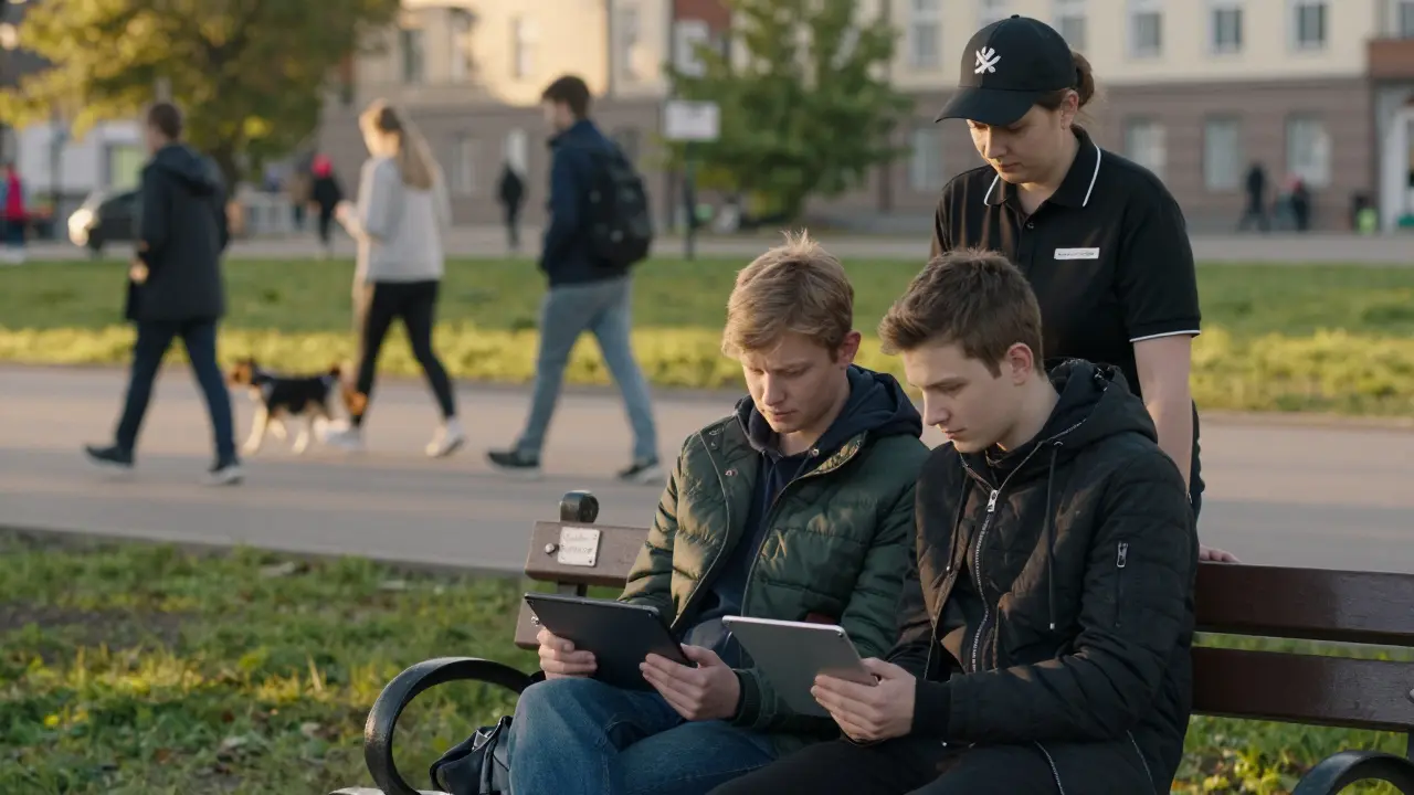 Молодой человек и эскорт-работник сидят вместе в парке, смотрят фильм на планшете.