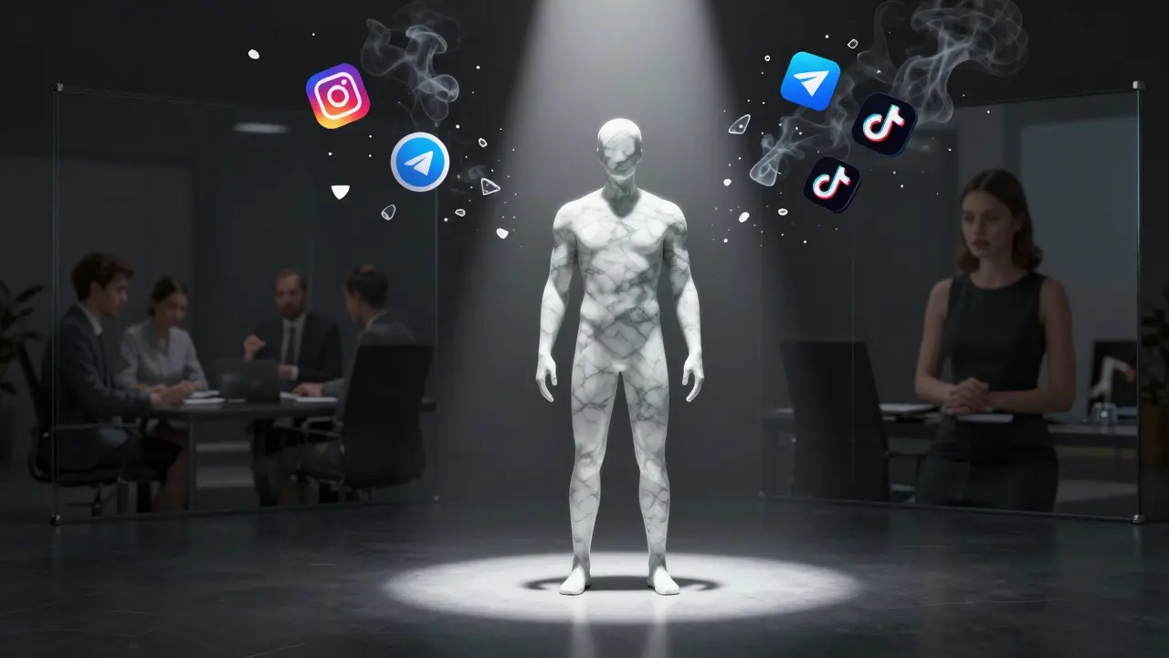 Мраморная фигура человека, состоящая из стекла и света, окружена разлетающимися иконами соцсетей, символизируя тело как товар.