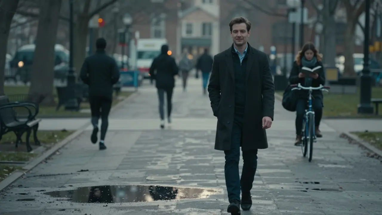 Мужчина прогуливается по парку на рассвете, выражая внутреннее спокойствие после осознанного выбора.