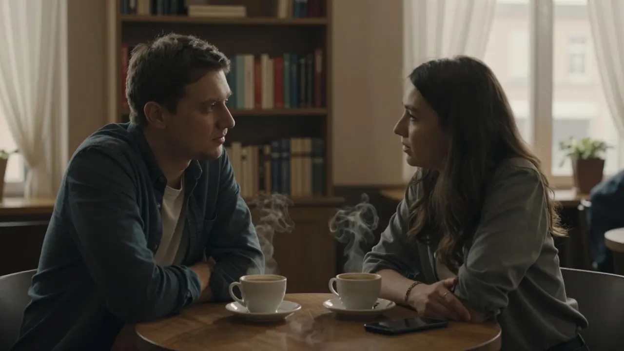 Мужчина слушает женщину в уютном кафе, оба спокойны, вокруг книги и чайные пары.