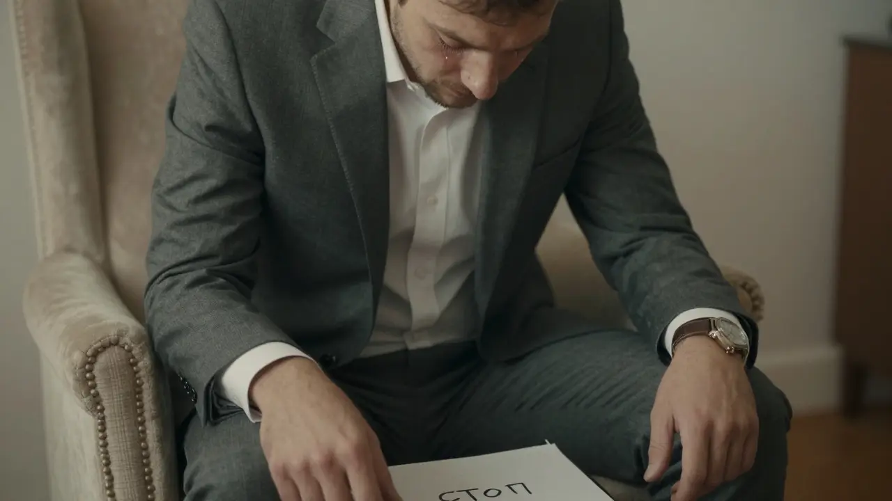 Мужчина в костюме с закрытыми глазами, сидит один, на лице — след слезы.