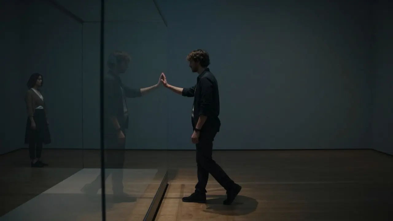 Мужчина в музее видит отражение женщины в стекле — она стоит позади, не приближаясь.